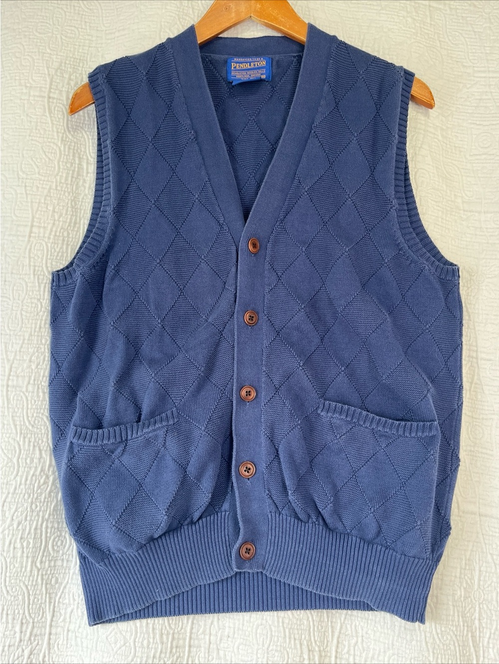Pendleton Cardigan Sweater Vest Mens Medium Blue Knit Argyle Mercerized Cotton